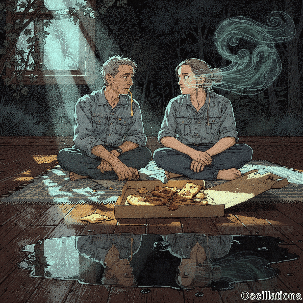 An older man with cheese from mouth & young woman with teal energy from head sit facing on rug by pizza on night deck, reflective puddle in comic teal style. 
.
