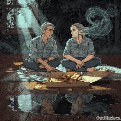 An older man with cheese from mouth & young woman with teal energy from head sit facing on rug by pizza on night deck, reflective puddle in comic teal style. 
.