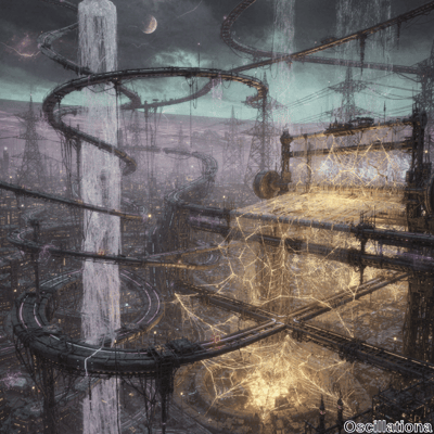 A futuristic dystopian cityscape with intertwining elevated tracks and towering structures, centered around a massive glowing energy source or explosion