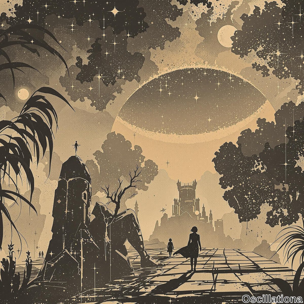 Two silhouetted figures, an adult and a child, walk towards a distant, mist-shrouded castle with multiple towers