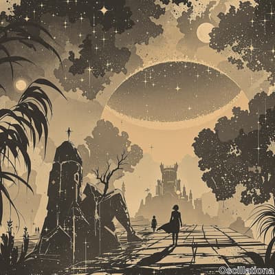 Two silhouetted figures, an adult and a child, walk towards a distant, mist-shrouded castle with multiple towers