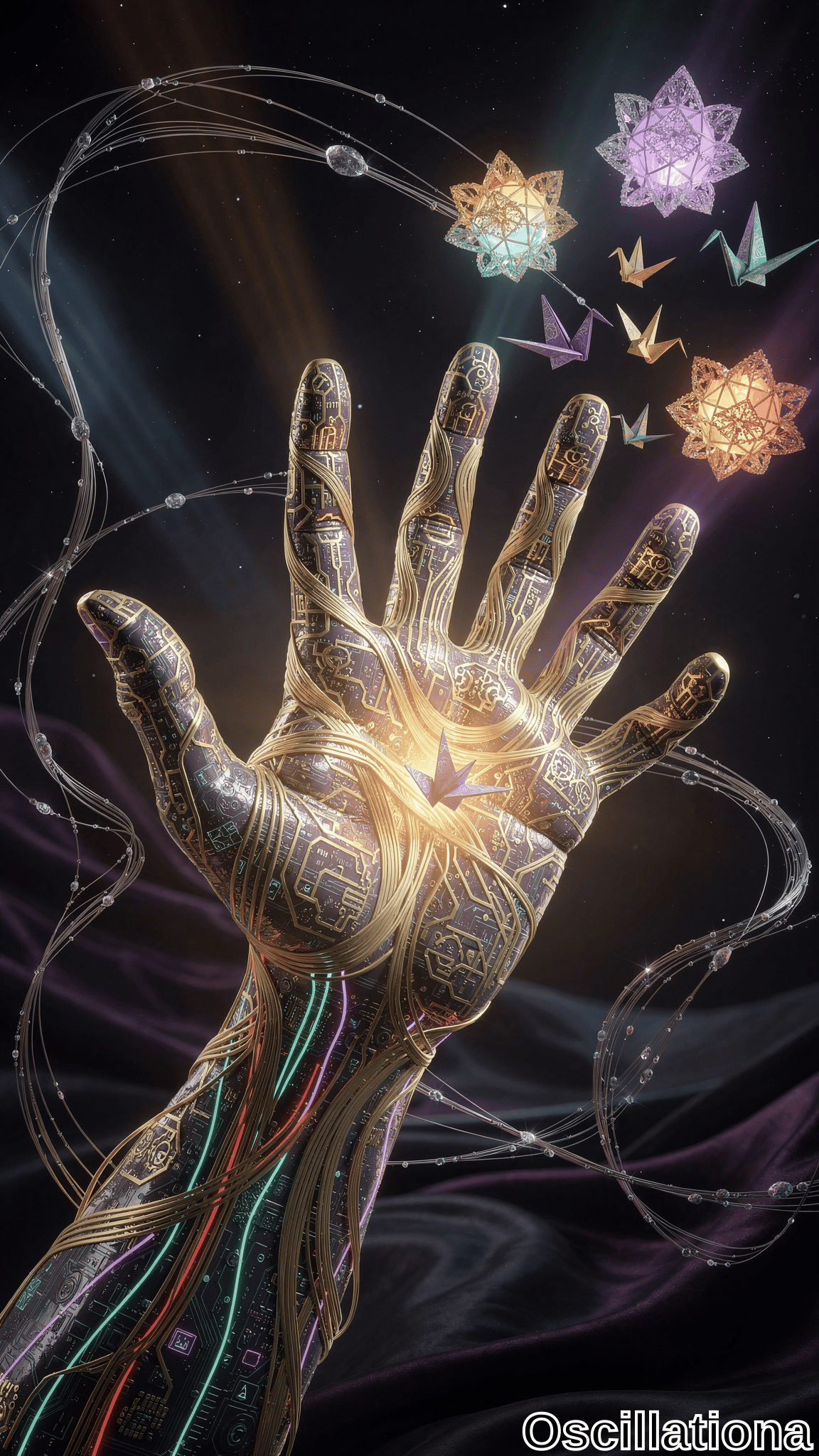 A futuristic hand with intricate, circuit-like patterns and glowing lines in green, red, and purple, made from metallic and organic materials, giving a cybernetic look