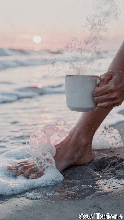 Serene portrait beach sunset: tanned bare foot with pink-polished toenails in foamy waves on wet gray sand, leg gripping steaming white mug. Blue-green waves meet pink-orange sky, low white sun. Faint