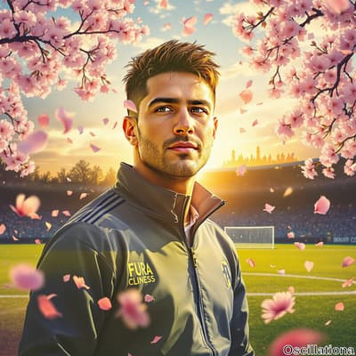 A young man with styled hair and a strong jawline stands confidently in a grey "FURA CLINESS" athletic jacket on a sports field, with a goalpost in the background.