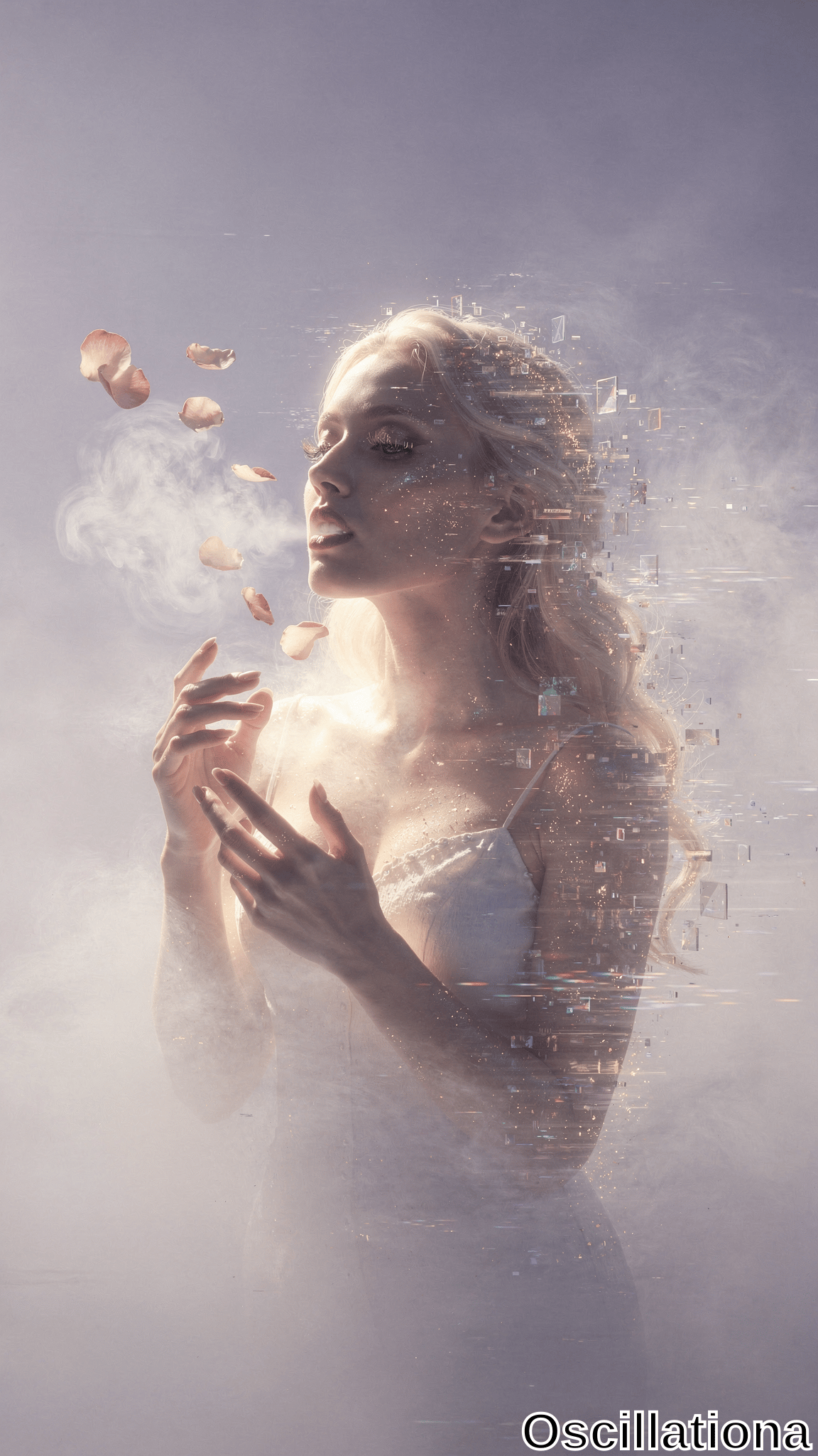 A blonde woman in a white dress stands in swirling fog, surrounded by drifting petals and digital glitch fragments, rendered in soft pastel tones with a dreamy, melancholic atmosphere.