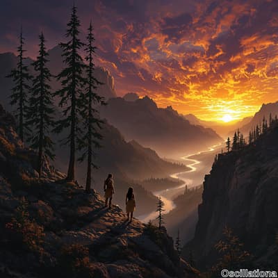 Two indigenous figures in traditional attire stand on a rocky outcrop, overlooking a vast valley at sunset.