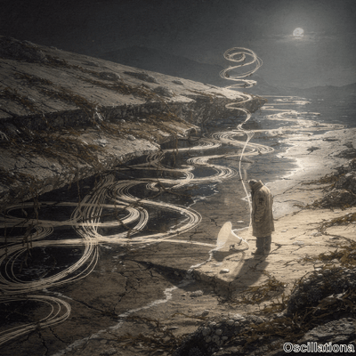 Surreal man in overcoat on moonlit rocky coast gazes at megaphone emitting glowing sound waves spiraling across landscape to tiny figures in distance.
.