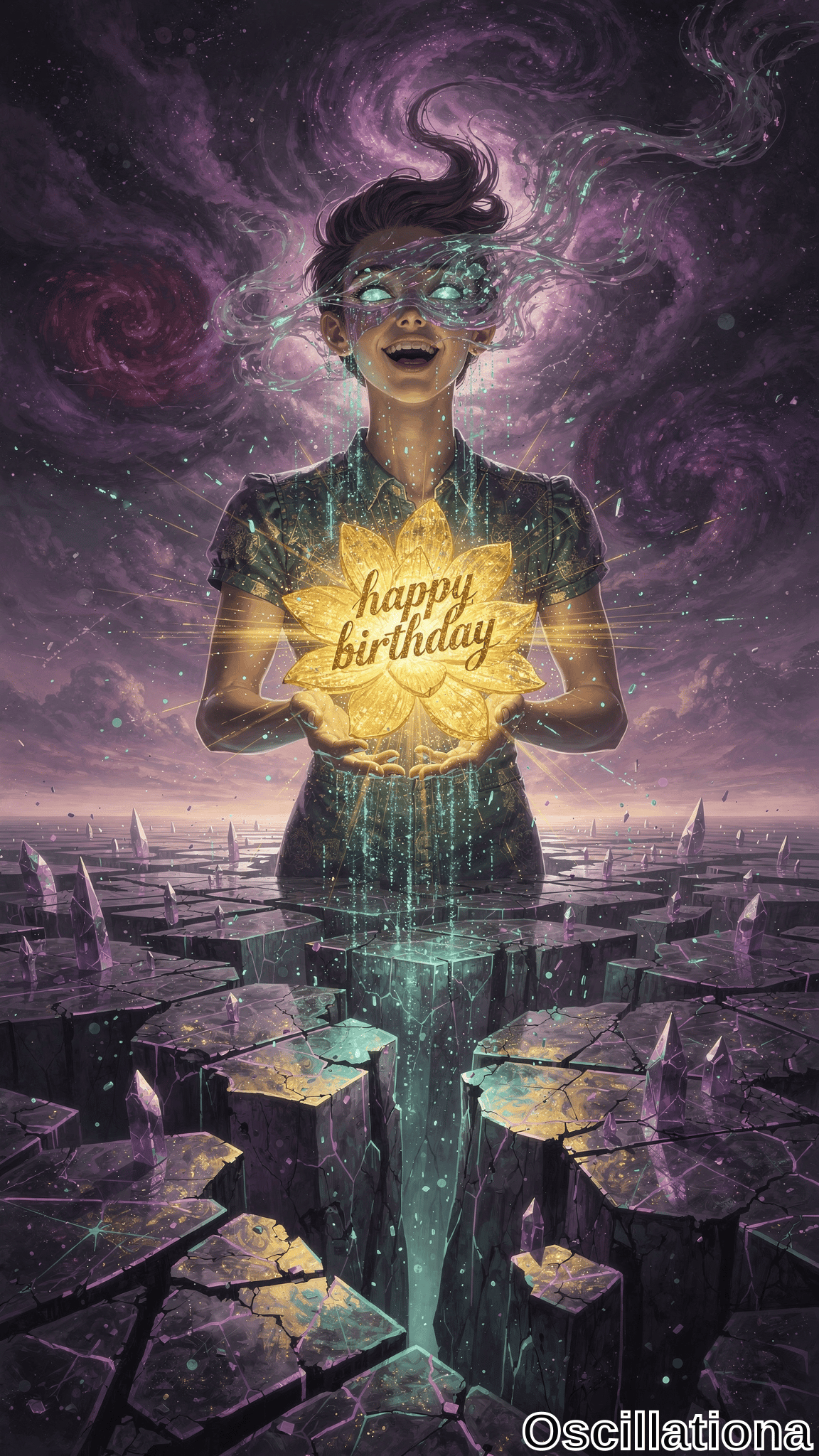 A blindfolded woman floats above cracked floating rocks, holding a luminous yellow leaf with 'happy birthday'. Purple cosmic nebulae, sparkling particles, and teal light create a mystical celebratory mood.