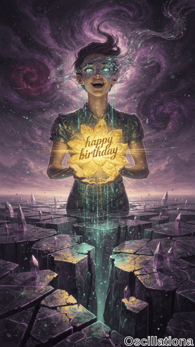 A blindfolded woman floats above cracked floating rocks, holding a luminous yellow leaf with 'happy birthday'. Purple cosmic nebulae, sparkling particles, and teal light create a mystical celebratory mood.