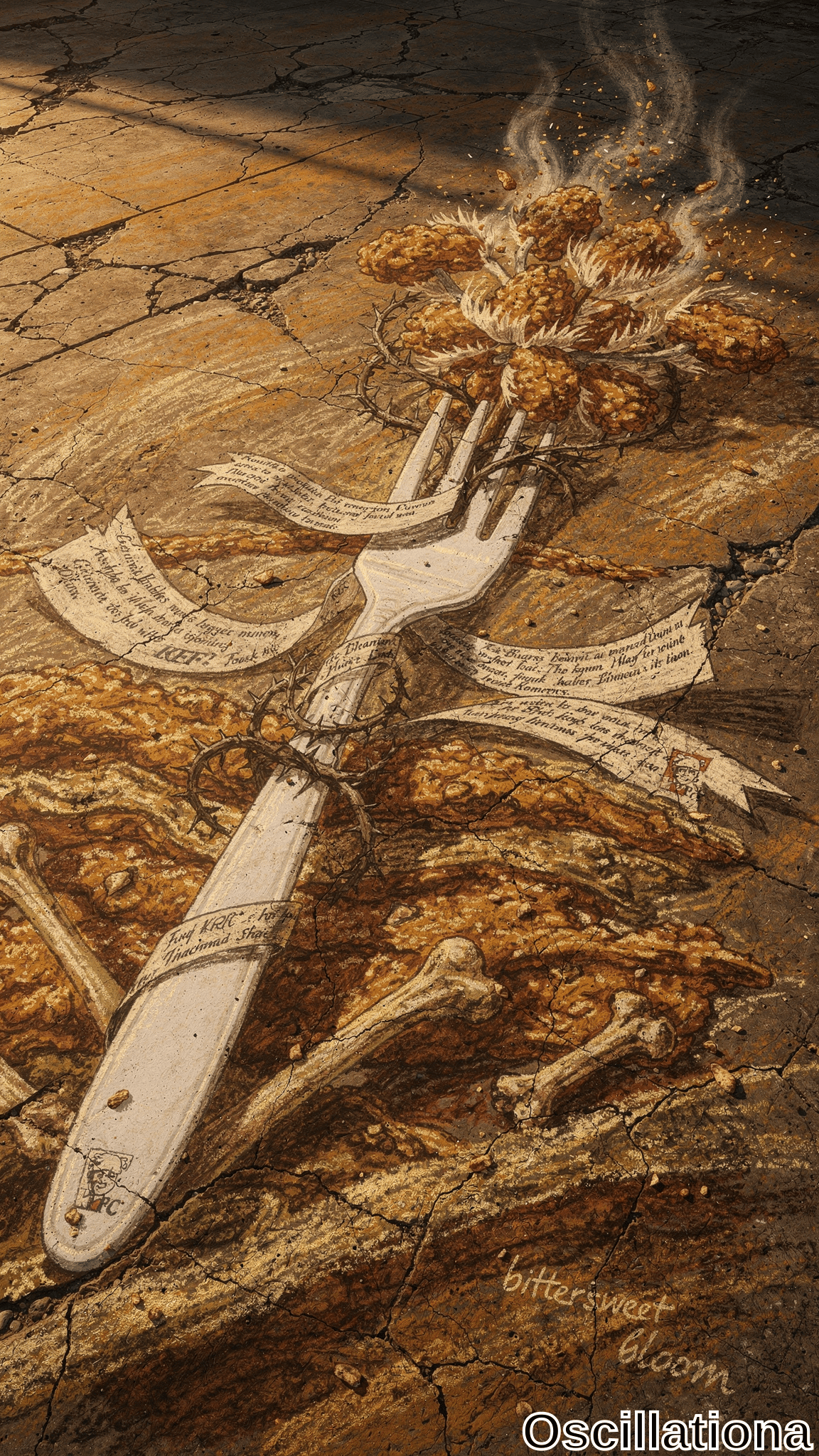 Hyperrealistic trompe-l'œil on cracked arid earth in browns, oranges, tans: giant white KFC fork with Colonel Sanders logo impales spiky 'bittersweet bloom' flowers emitting golden smoke; thorny vines