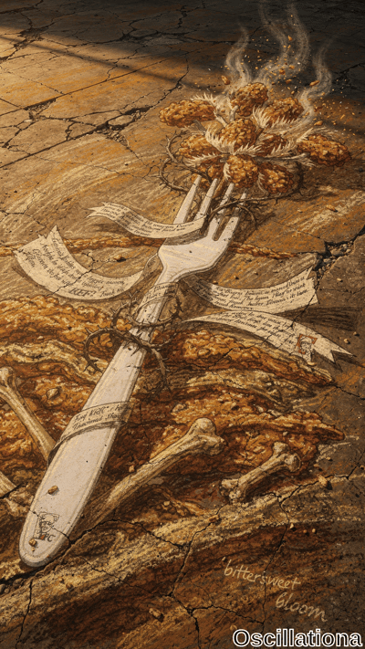 Hyperrealistic trompe-l'œil on cracked arid earth in browns, oranges, tans: giant white KFC fork with Colonel Sanders logo impales spiky 'bittersweet bloom' flowers emitting golden smoke; thorny vines