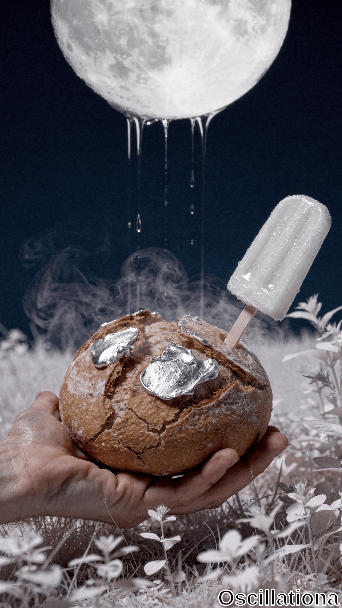 Surreal high-contrast photo in cool tones: melting full moon drips onto glossy white popsicle, hand cradles steamy cracked rye bread bun topped with silver ice fragments, frost-kissed white plants foreground.