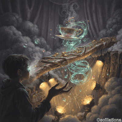 A young person in dark clothing gazes upward in awe at a levitating, ornate teacup emitting a spiral of magical energy
