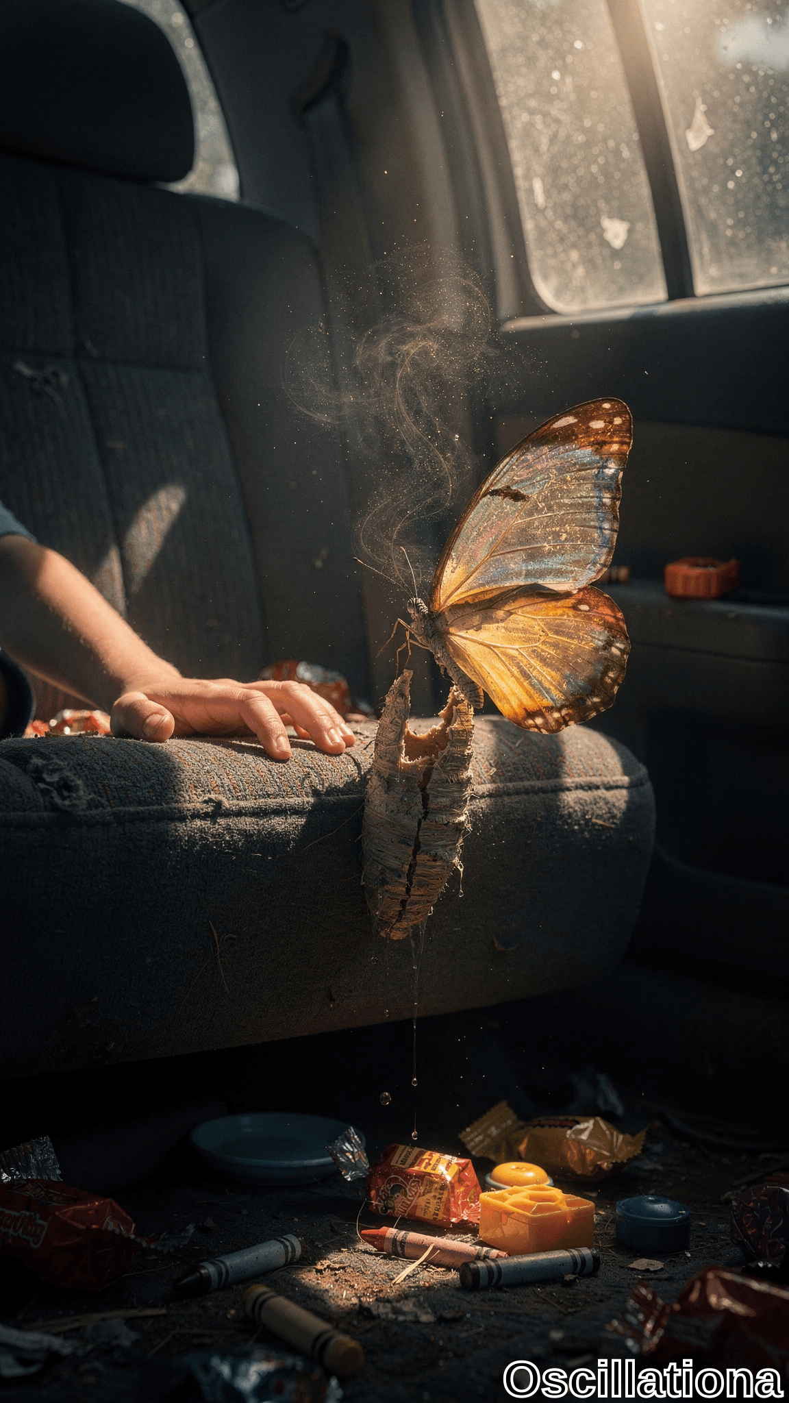 A vibrant butterfly with gold, blue, and orange wings emerges from a rough cocoon on a car seat, illuminated by sunlight streaming through the window