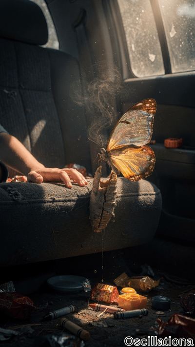 A vibrant butterfly with gold, blue, and orange wings emerges from a rough cocoon on a car seat, illuminated by sunlight streaming through the window