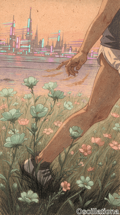 A person in shorts and sneakers steps through mint and pink wildflowers, a glowing futuristic city skyline visible across the water beneath an orange sky.
