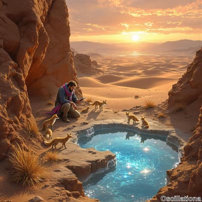 A man in a blue jacket and colorful scarf sits on a rocky outcrop beside a clear pool in a vast desert at sunset, surrounded by reddish-brown rocks and sparse vegetation.