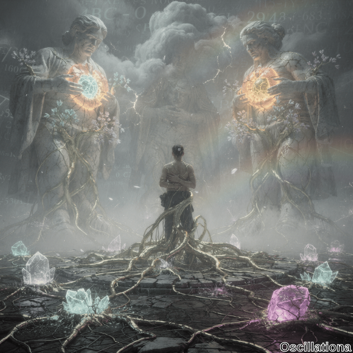 A mystical scene with a central figure on a cracked stone surface, facing two ancient statues with glowing orbs; one greenish-blue, one yellow-orange