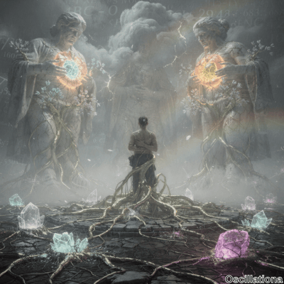 A mystical scene with a central figure on a cracked stone surface, facing two ancient statues with glowing orbs; one greenish-blue, one yellow-orange