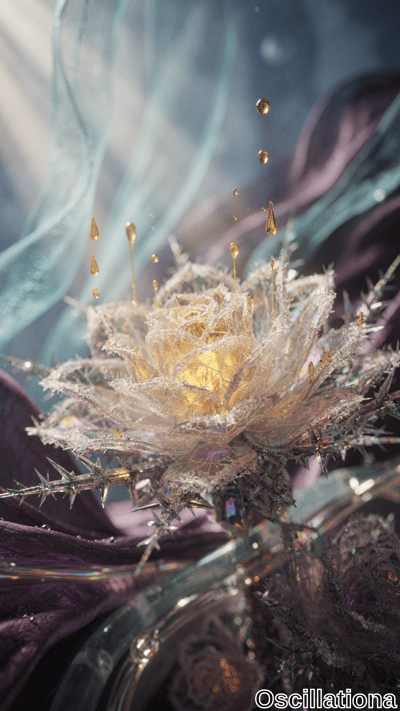 A fantastical flower with large, crystalline petals in shades of white, light pink, and pale blue, shimmering with a frosty texture