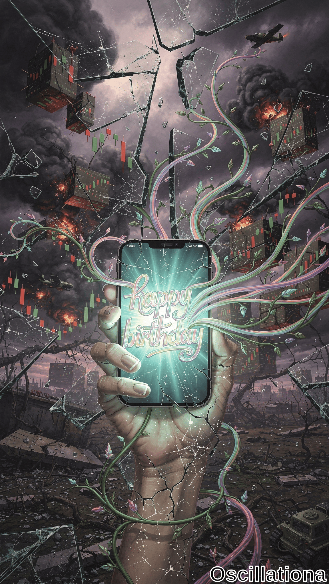 A cracked hand grips a smartphone displaying 'happy birthday' with glowing tendrils, set against a fiery apocalyptic cityscape of collapsing buildings and explosions under dark stormy skies.