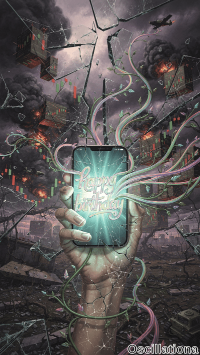 A cracked hand grips a smartphone displaying 'happy birthday' with glowing tendrils, set against a fiery apocalyptic cityscape of collapsing buildings and explosions under dark stormy skies.