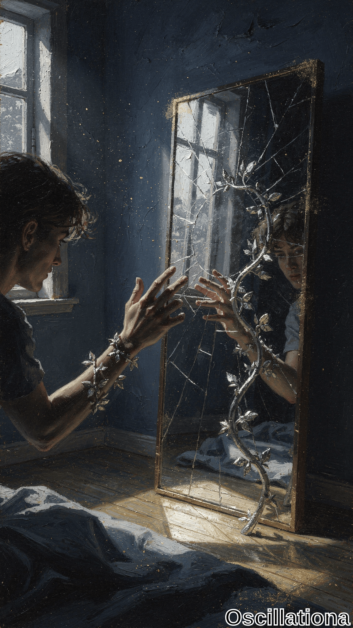 Surreal painterly portrait of a young man with tousled brown hair and pale skin in a dark shirt, reaching toward his reflection in a shattered ornate gold-framed mirror in a dimly lit room with blue walls, worn floors,