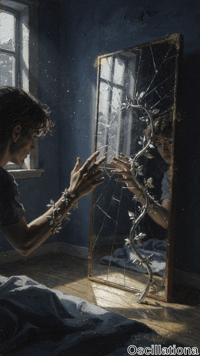 Surreal painterly portrait of a young man with tousled brown hair and pale skin in a dark shirt, reaching toward his reflection in a shattered ornate gold-framed mirror in a dimly lit room with blue walls, worn floors,