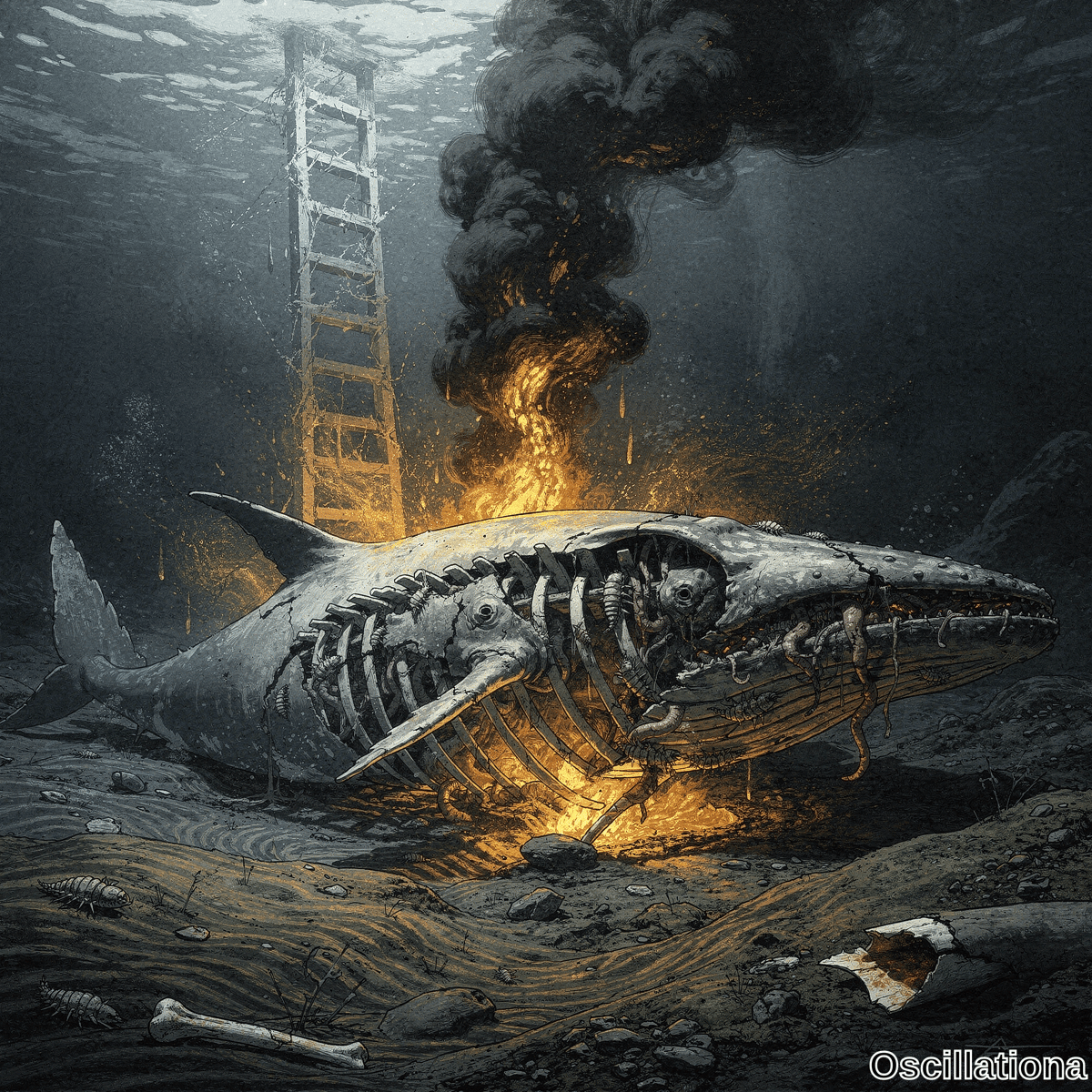 Massive decaying biomechanical whale split open on the seabed burning with orange flames and black smoke with writhing tentacles in its cavity.
.