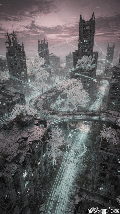 A frost-covered ruined city of crumbling gothic skyscrapers connected by glowing blue energy lines and luminous white trees under a pink twilight sky.