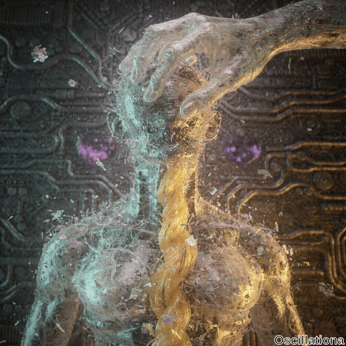 A surreal digital art piece showing a semi-transparent, crystalline humanoid figure with long braided hair disintegrating into particles