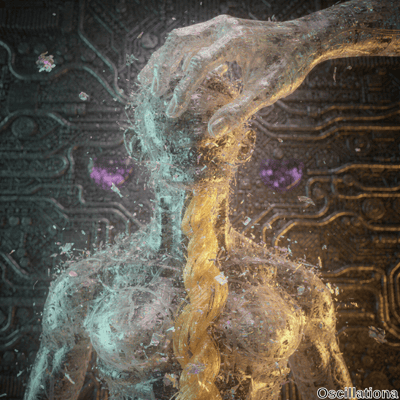 A surreal digital art piece showing a semi-transparent, crystalline humanoid figure with long braided hair disintegrating into particles