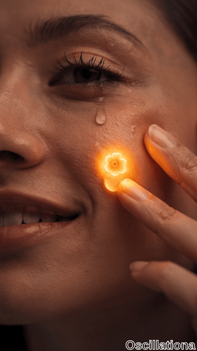 A close-up of a person's face with a glowing orange-yellow flower-like object on the cheek, emitting bright light