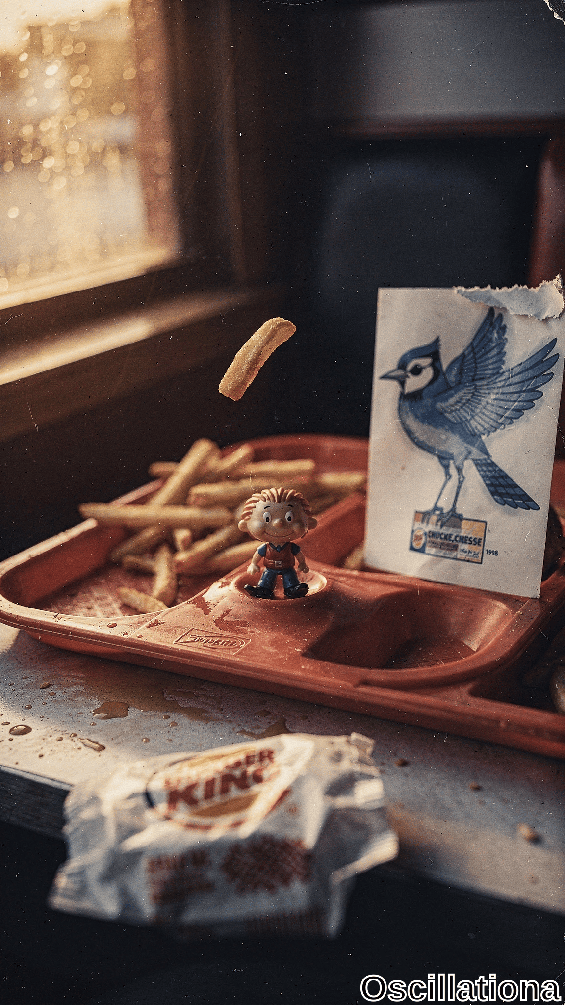 Nostalgic 90s cafeteria still life from above: red Zatarain's tray with golden fries, spiky ginger-haired toy boy knee-deep in sauce, flying crisp fry; torn blue jay card, crumpled BK