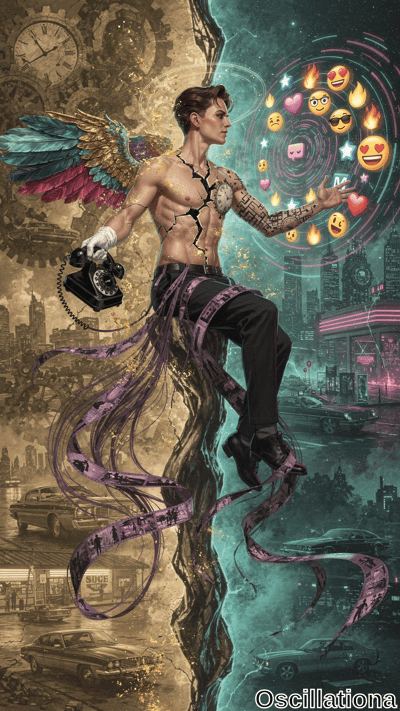 A muscular winged cyborg with cracked circuitry skin holds a rotary phone while reaching toward floating emojis in a split sepia steampunk and teal cyberpunk cityscape.