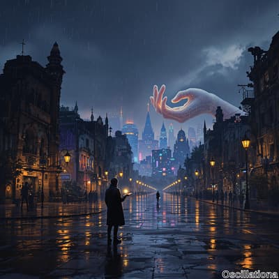 A person in a dark coat stands on a wet cobblestone street at night, holding a glowing object that illuminates them.