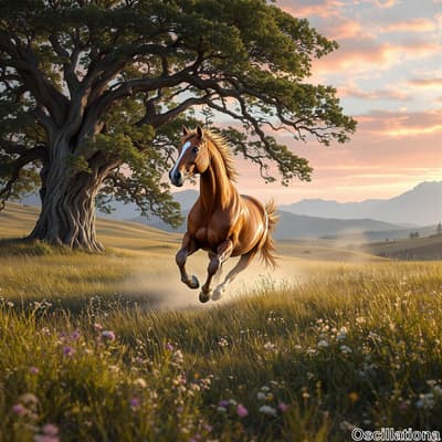 A brown horse with a white blaze on its face gallops freely across a lush, grassy field with tall grass and wildflowers in shades of purple, pink, and white.