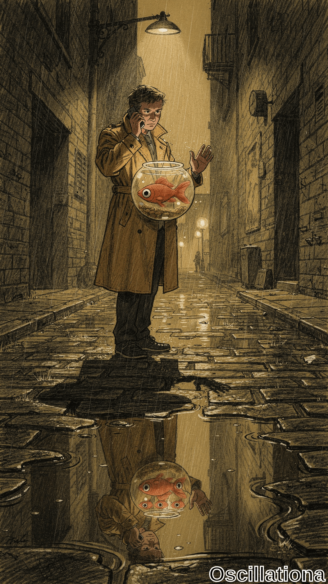 Noir ink-wash illustration of trench-coated detective with tousled hair in rain-slicked night alley, holding orange goldfish bowl while talking on vintage phone. Streetlamps cast shadows on puddles; surreal foreground reflection