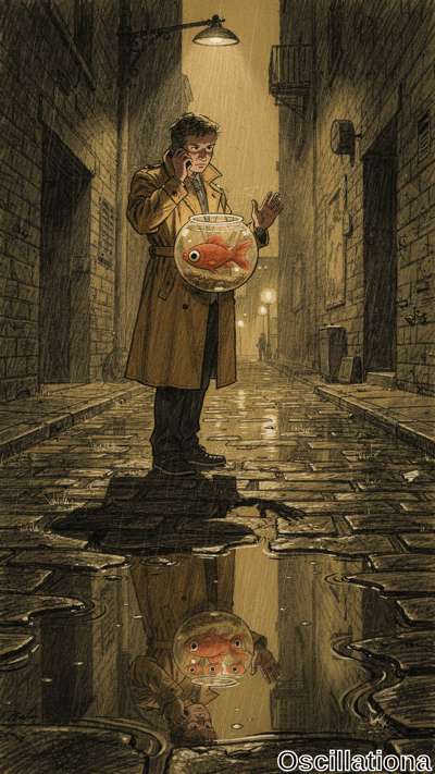 Noir ink-wash illustration of trench-coated detective with tousled hair in rain-slicked night alley, holding orange goldfish bowl while talking on vintage phone. Streetlamps cast shadows on puddles; surreal foreground reflection