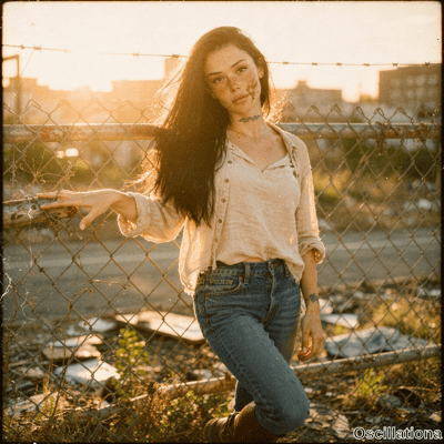 Freckled woman with dark windswept hair and snake neck tattoo leans on barbed wire fence in abandoned lot at golden hour with confident gaze wearing faded shirt in vintage film style with grain and backlight.