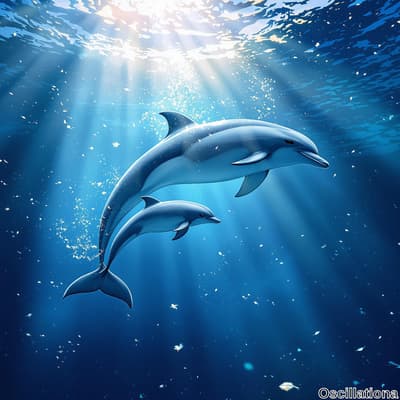 Two dolphins, one larger and one smaller, swim gracefully in an underwater scene, suggesting a parent-child bond.