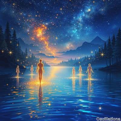 A serene lake at night surrounded by tall pine trees and distant mountains, with the Milky Way prominently visible in the starry sky.