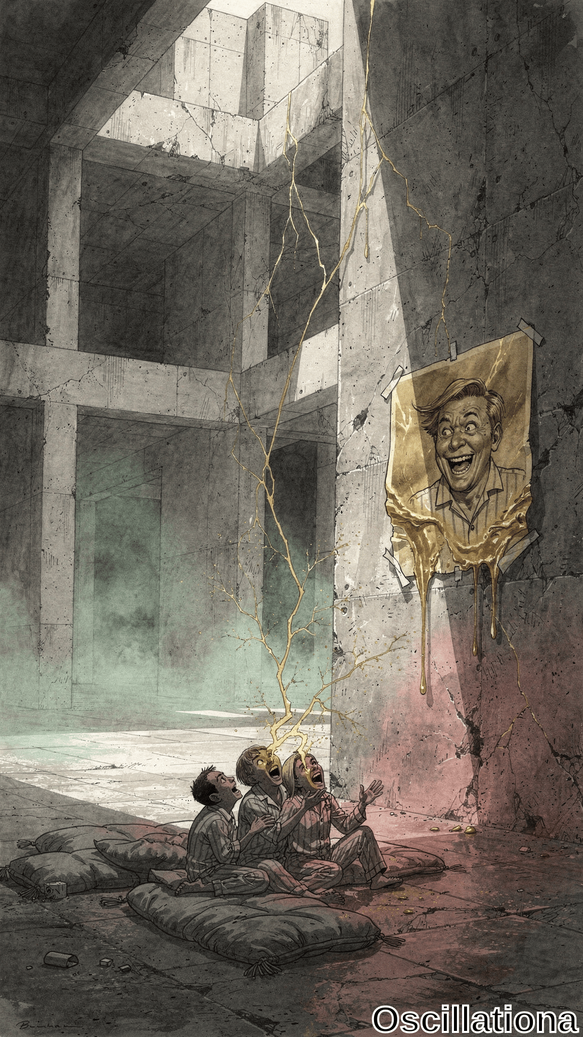 Haunting ink-wash artwork of ruined concrete atrium with cracked walls, pillars, rebar, misty teal haze. Melting gold poster of wildly grinning man's face drips viscous gold, radiating lightning bolts striking three screaming figures in striped