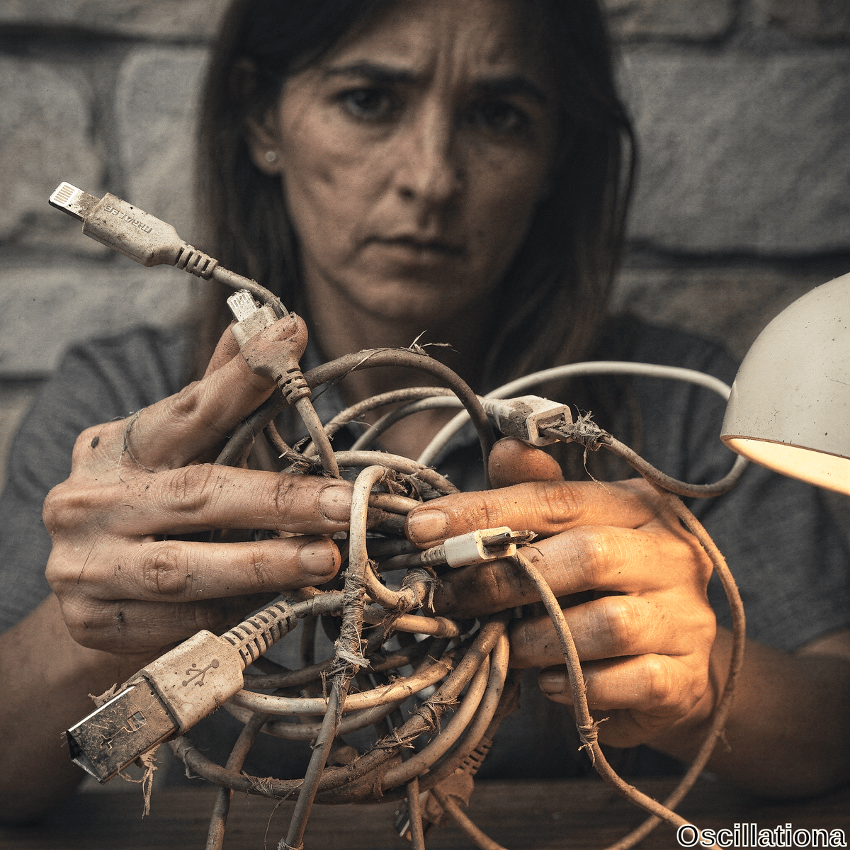 Middle-aged woman with shoulder-length wavy brown hair, furrowed serious expression, dirt-smudged face and calloused hands grips chaotic tangle of frayed dusty USB-A, Lightning, Ethernet cables in gritty e-waste salvage scene. Warm