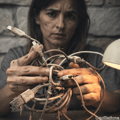 Middle-aged woman with shoulder-length wavy brown hair, furrowed serious expression, dirt-smudged face and calloused hands grips chaotic tangle of frayed dusty USB-A, Lightning, Ethernet cables in gritty e-waste salvage scene. Warm
