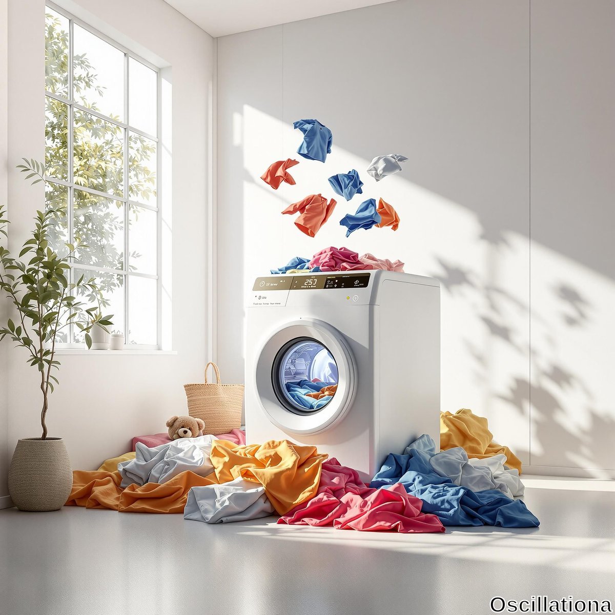 A modern white washing machine with a circular glass door displays a colorful mix of blue, pink, and orange clothes inside, set in a bright, airy room with large windows.