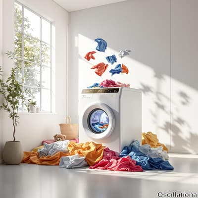 A modern white washing machine with a circular glass door displays a colorful mix of blue, pink, and orange clothes inside, set in a bright, airy room with large windows.
