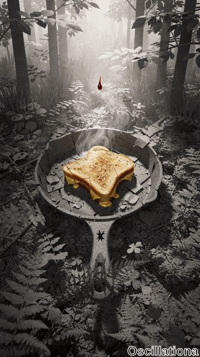 Surreal 3D-rendered misty gray forest with tall black trunks, fog-shrouded branches, ferns, clovers, mossy floor. Low-angle view: cracked cast-iron pan holds steaming golden-brown grilled cheese sandwich