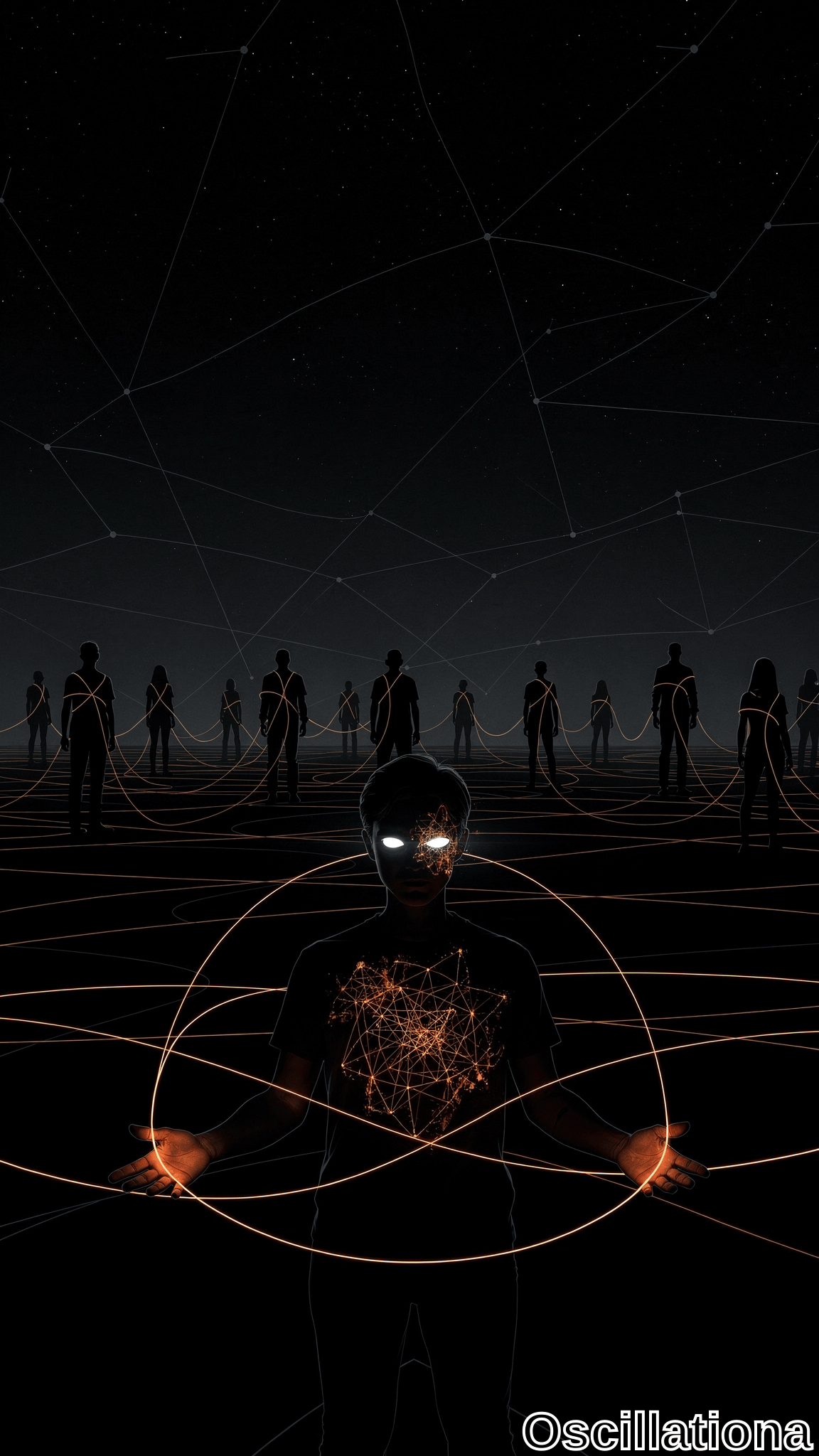 A central figure stands illuminated by intricate glowing orange geometric patterns on their face and torso, with white glowing eyes and hands extended forward emitting lines