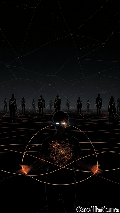 A central figure stands illuminated by intricate glowing orange geometric patterns on their face and torso, with white glowing eyes and hands extended forward emitting lines